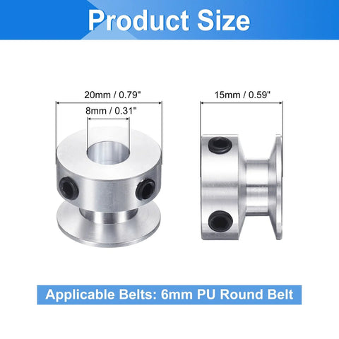 Aluminum Single Groove Belt Pulley 8mm Fixed Bore 20mm Outer Diameter For 6mm PU Round Belt Two Pack with size specifications