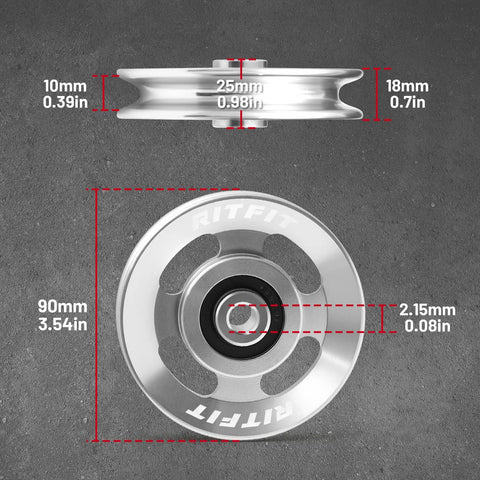 Pro Grade Aluminum Heavy Duty Pulley Wheel For Gym Equipment RitFit 90mm Bearing Pulley Set showing top and side view measurements
