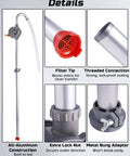All Aluminum Hand Crank Drum Pump For 55 Gallon Barrels with filter tip, threaded connection, lock nut, and bung adapter details.