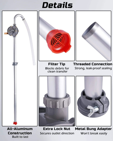 All Aluminum Hand Crank Drum Pump For 55 Gallon Barrels with filter tip, threaded connection, lock nut, and bung adapter details.