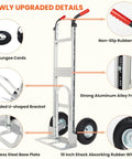 Aluminum Hand Truck Dolly Cart with 10" Pneumatic Tire, featuring rubber grip, alloy frame, bungee cords, and steel base for transport use.
