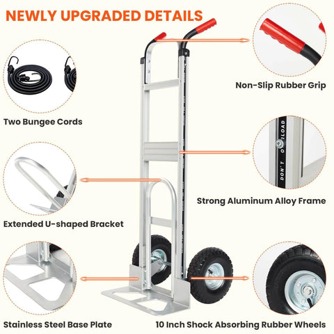 Aluminum Hand Truck Dolly Cart with 10" Pneumatic Tire, featuring rubber grip, alloy frame, bungee cords, and steel base for transport use.
