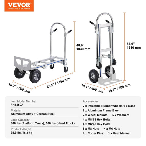 Aluminum Truck, 2 in 1, 800 lbs Load Capacity, folding hand truck with rubber wheels, platform and hand truck configuration.