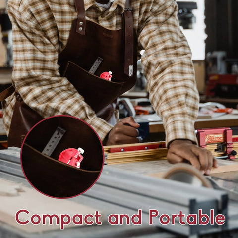 Woodworker using Setup Block Height Gauge for Precise Woodworking tool, 1/64 to 1-1/16 inch range, in workshop setting.