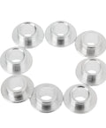 8-Pack Inline Skate Bearing Spacers For 8mm Axles shown in a circular arrangement, aluminum construction for smooth rolling outdoors.