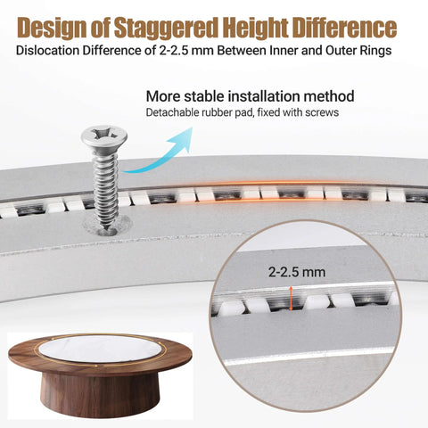 Exploded view of 20 Inch Heavy Duty Aluminum Lazy Susan Bearing Rotating Turntable Ring for Dining Tables with screw and rubber pad.