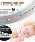 Close-up of Heavy Duty Aluminium Lazy Susan Bearing showing universal bearing ball and silencing strip, with sleeping baby image and text details.