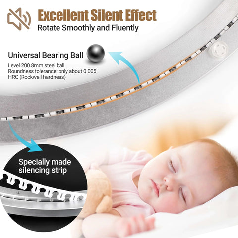 Close-up of Heavy Duty Aluminium Lazy Susan Bearing showing universal bearing ball and silencing strip, with sleeping baby image and text details.