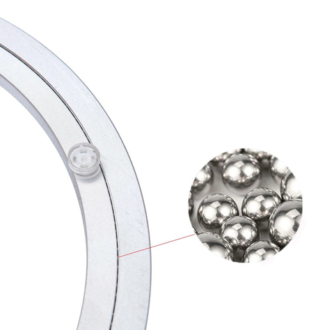 Close-up of 6 Inch Aluminum Heavy Duty Lazy Susan Rotating Turntable Bearing Swivel Plate Hardware showing metal balls.