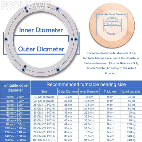 Diagram and size chart of 12 Inch Heavy Duty Lazy Susan Aluminum Alloy Turntable Bearing with Smooth 360 Degree Rotation.