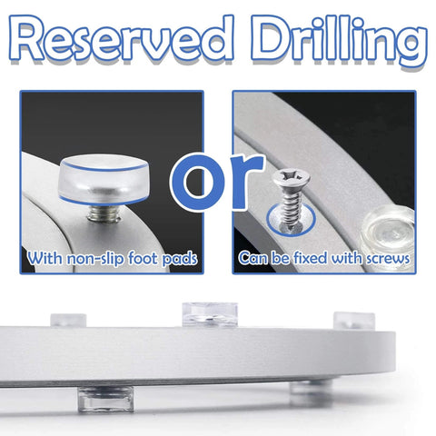 12 Inch Heavy Duty Lazy Susan Aluminum Alloy Turntable Bearing showing non-slip foot pads and screw options for tables or displays.
