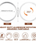 Diagram of 2 Pack 16 Inch Aluminum Lazy Susan Turntable Bearings showing dimensions and 360-degree rotation.