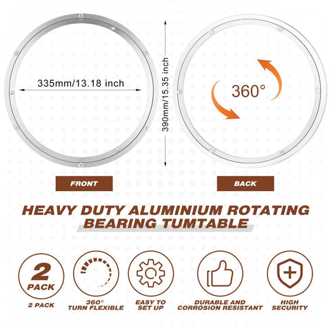 Diagram of 2 Pack 16 Inch Aluminum Lazy Susan Turntable Bearings showing dimensions and 360-degree rotation.