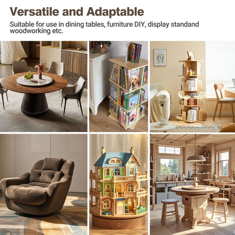 Collage showcasing versatile uses of 18 Inch Aluminum Alloy Lazy Susan Bearing Rotating Turntable in dining, DIY, and furniture projects.