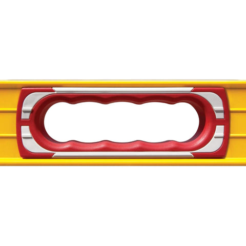 Close-up of Stabila 37816 48 Inch And 16 Inch Aluminum Box Beam Level Set With German Accuracy For Professional Framing, red handle detail