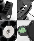Close-up of Aluminum Leveling Base With 62mm Half Ball Platform for Camera Tripod Head showing quick lock knob and bubble level.