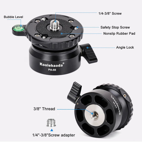 Aluminum Leveling Base With 62mm Half Ball Platform For Camera Tripod Head, 360 Degree Rotation, showing bubble level and screws.