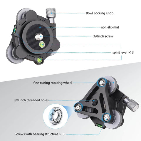 Effortlessly level a camera on uneven ground with this aluminum three legged leveling base, highlighting its components.
