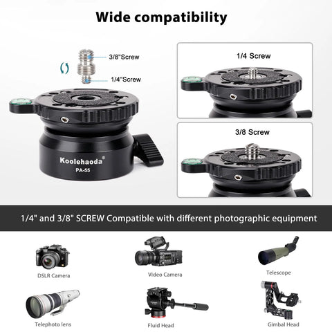 Aluminum Leveling Base With 62mm Half Ball Platform For Camera Tripod Head, shown with 1/4 and 3/8 inch mount compatibility
