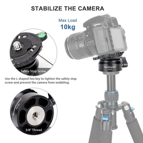 Camera on Aluminum Leveling Base with 62mm Half Ball Platform, shown stabilizing with 3/8" thread and bubble level, max load 10kg.