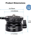 Aluminum Leveling Base With 62mm Half Ball Platform for Camera Tripod Head, shown with dimensions and quick lock knob.