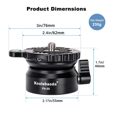 Aluminum Leveling Base With 62mm Half Ball Platform for Camera Tripod Head, shown with dimensions and quick lock knob.