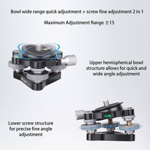 Effortlessly level a camera on uneven ground with this aluminum three legged leveling base, featuring bowl and screw adjustments.