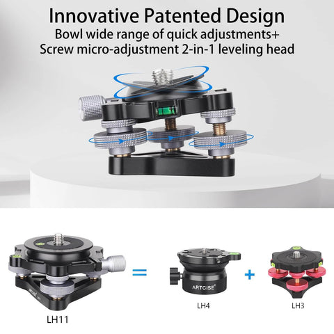 Effortlessly level a camera on uneven ground with this aluminum three legged leveling base, offering tilt and panorama adjustment.