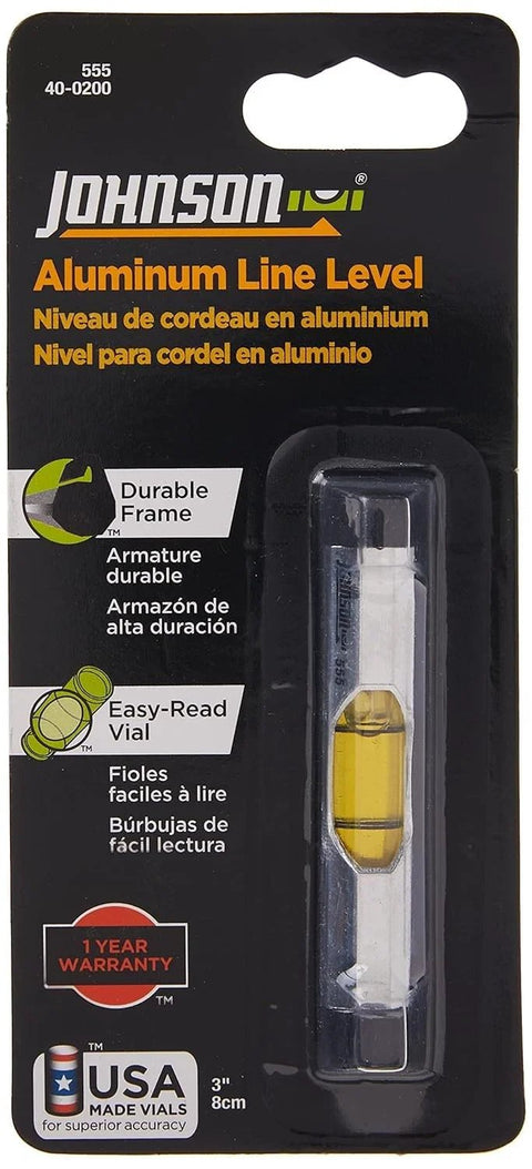Packaging of Compact 3 in aluminum line level with hex body for masonry, plumbing, landscaping; features silver anodized finish.