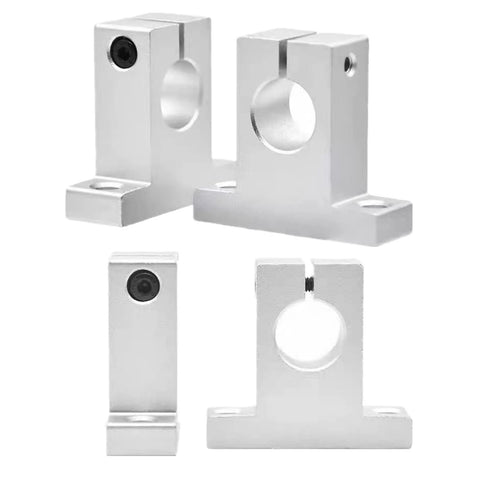 Pack of 4 SK20 aluminum linear motion rail clamping guides for 20mm shafts, shown from various angles.