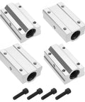 Four-piece Heavy Duty Aluminum 68mm Long Linear Motion Bearing Slide Set for 10mm Round Shaft with screws, SCS10UU Ball Bearing Block, silver tone.