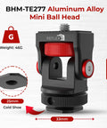 Aluminum Mini Ball Head With 360 Degree Rotation for Cameras, phones, monitors; features cold shoe mount, 25mm size, 46g weight.
