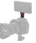 Aluminum Mini Ball Head With 360 Degree Rotation on camera with LED light, showing cold shoe mount and 1/4 inch screw support.