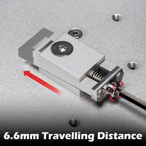 Upgrade Aluminum Mini Vise Clamp Set Genmitsu 2 Pcs High Precision CNC Router Clamp installed, showing 6.6mm travel distance.