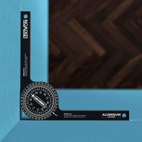 Aluminum Miter Saw Protractor | 7-Inch Rust Proof Angle Finder Featuring Precision Laser Engraved Scales (LX-230) in use on blue surface
