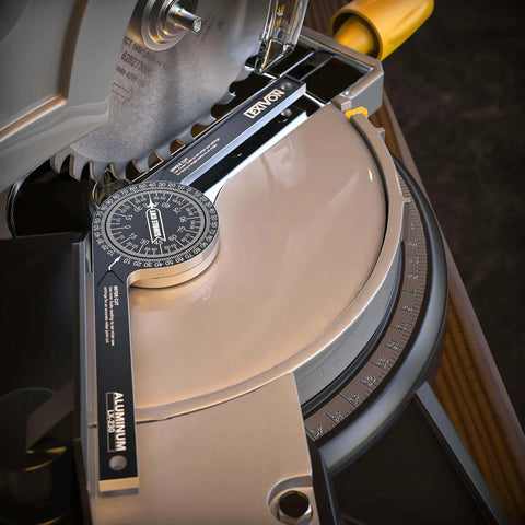 Aluminum Miter Saw Protractor | 7-Inch Rust Proof Angle Finder Featuring Precision Laser Engraved Scales (LX-230) on miter saw.