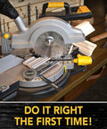 Aluminum Miter Saw Protractor LX-230 on miter saw table, showing 7-Inch Rust Proof Angle Finder with Laser Engraved Scales