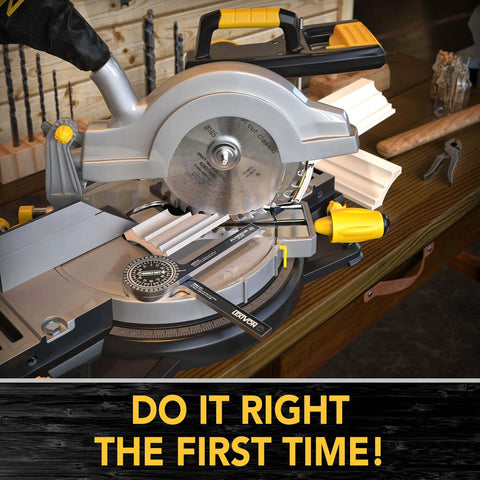 Aluminum Miter Saw Protractor LX-230 on miter saw table, showing 7-Inch Rust Proof Angle Finder with Laser Engraved Scales