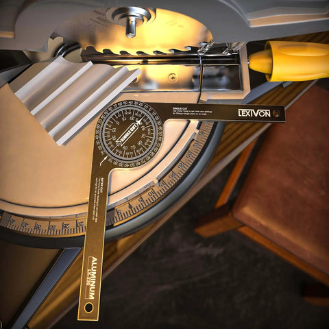Aluminum Miter Saw Protractor | 7-Inch Rust Proof Angle Finder Featuring Precision Laser Engraved Scales (LX-230) in use with saw
