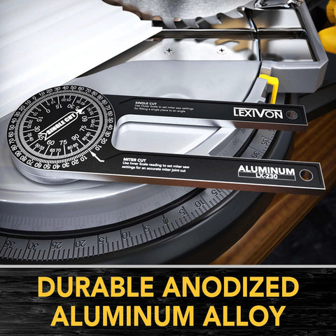Aluminum Miter Saw Protractor LX-230 on a miter saw, showcasing precision laser engraved scales and anodized aluminum alloy