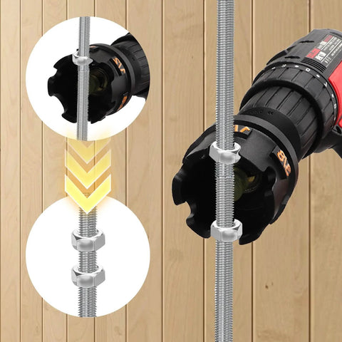 Durable aluminum nut spinning drill attachment quickly tightens and loosens 1/4, 3/8, and 1/2 inch threaded rods with hex shank compatibility.