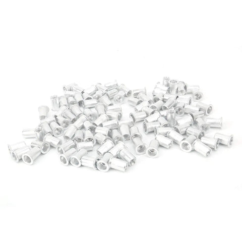 200 Piece Aluminum Flat Head Pull Riveting Nuts Set for Metal Panels and Pipes, Versatile Nutserts Kit scattered on white background