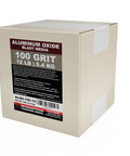 Long-lasting aluminum oxide blasting media in a 12 lb bag delivers high density, consistent grit for cleaning and finishing, box view.