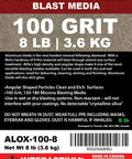 Label of 8 lb 100 grit aluminum oxide blast media bag for dry and wet blasting, detailing applications and safety instructions.
