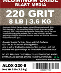 Ultra Fine Aluminum Oxide 8 Lbs blast media label showing 220 grit, package weight, and product details.