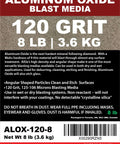 Aluminum Oxide Fine Grit Sand Blasting Media 8 Lb Bag For Cabinets And Handheld Blasting Guns That Cleans And Etches Glass Metal Stone Surfaces With Fast Durable High Density Abrasive Performance, product label showing 120 grit and 8 lb weight.