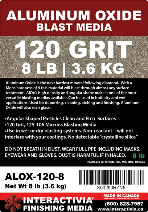 Aluminum Oxide Fine Grit Sand Blasting Media 8 Lb Bag For Cabinets And Handheld Blasting Guns That Cleans And Etches Glass Metal Stone Surfaces With Fast Durable High Density Abrasive Performance, product label showing 120 grit and 8 lb weight.