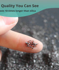 Close-up of 120 Grit Aluminum Oxide Blast Media for metal finishing on fingertip, highlighting size and texture for rust removal.