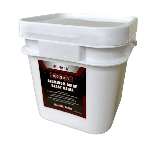 Aluminum oxide blasting media in a 14 lb bag with 100 grit medium to fine grade, ideal for wet or dry use in cabinets or handheld guns.