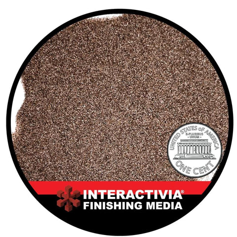 80 Grit Aluminum Oxide Blasting Media 8 Lb Bag for dry and wet blasting showing medium grit texture with a US cent coin for scale.